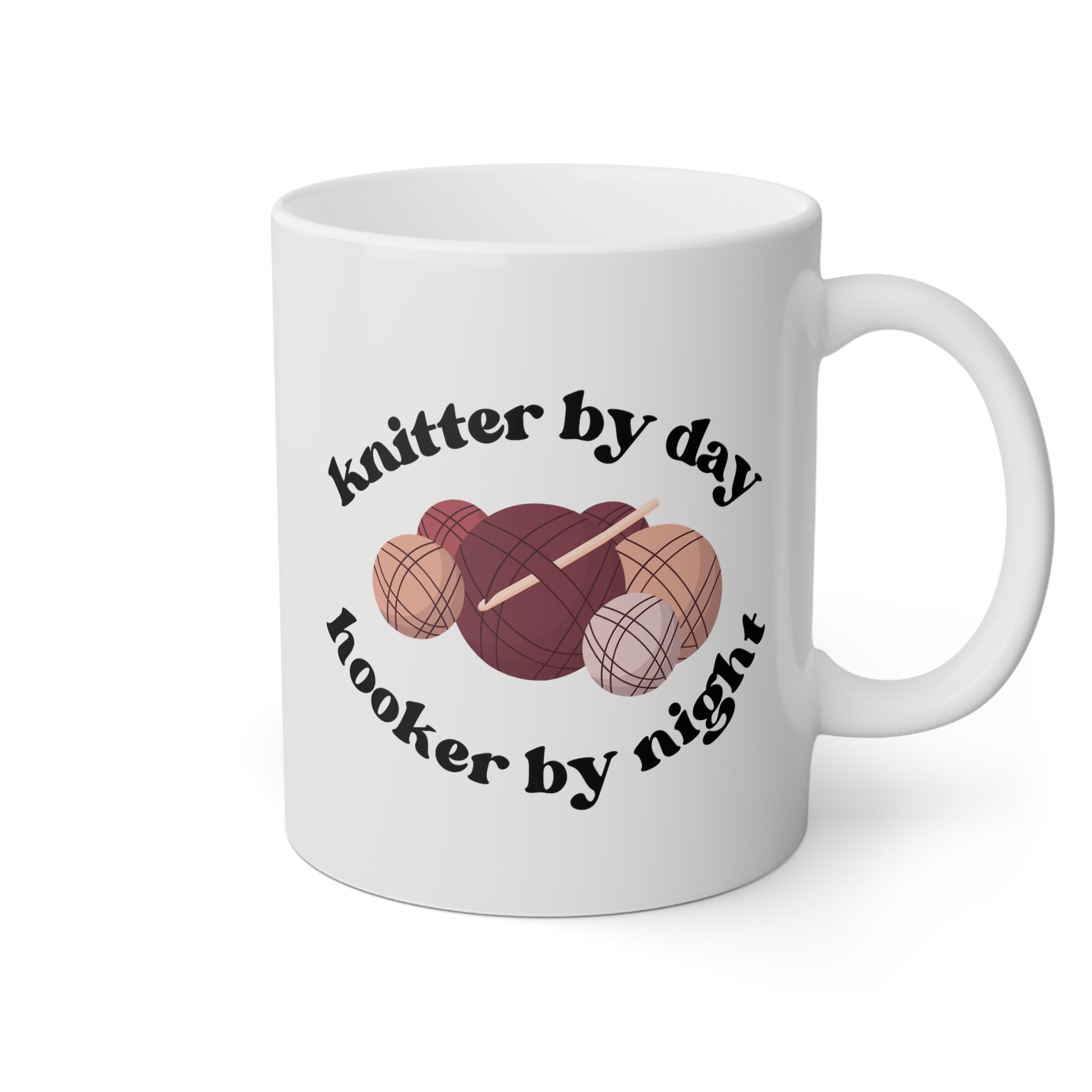 Knitter By Day Hooker By Night 11oz white funny large coffee mug gift for mom mother's day wool knitting novelty rude joke waveywares wavey wares wavywares wavy wares