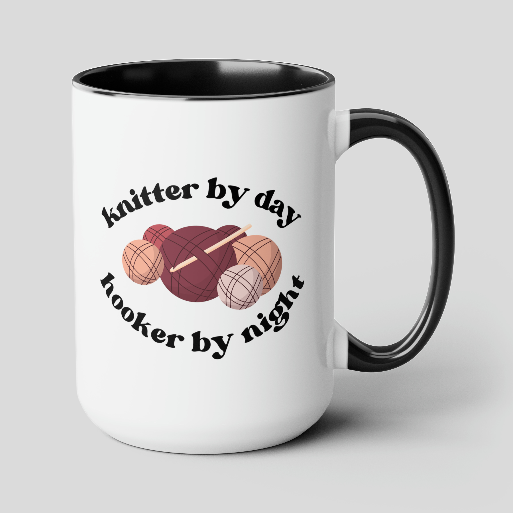 Knitter By Day Hooker By Night 15oz white with black accent funny large coffee mug gift for mom mother's day wool knitting novelty rude joke waveywares wavey wares wavywares wavy wares cover