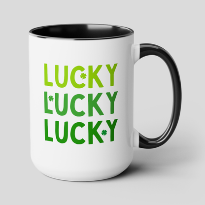 Lucky Lucky Lucky 15oz white with with black accent large big funny coffee mug tea cup gift for st pattys day saint patricks luck Irish holiday shamrock green shenanigans waveywares wavey wares wavywares wavy wares cover