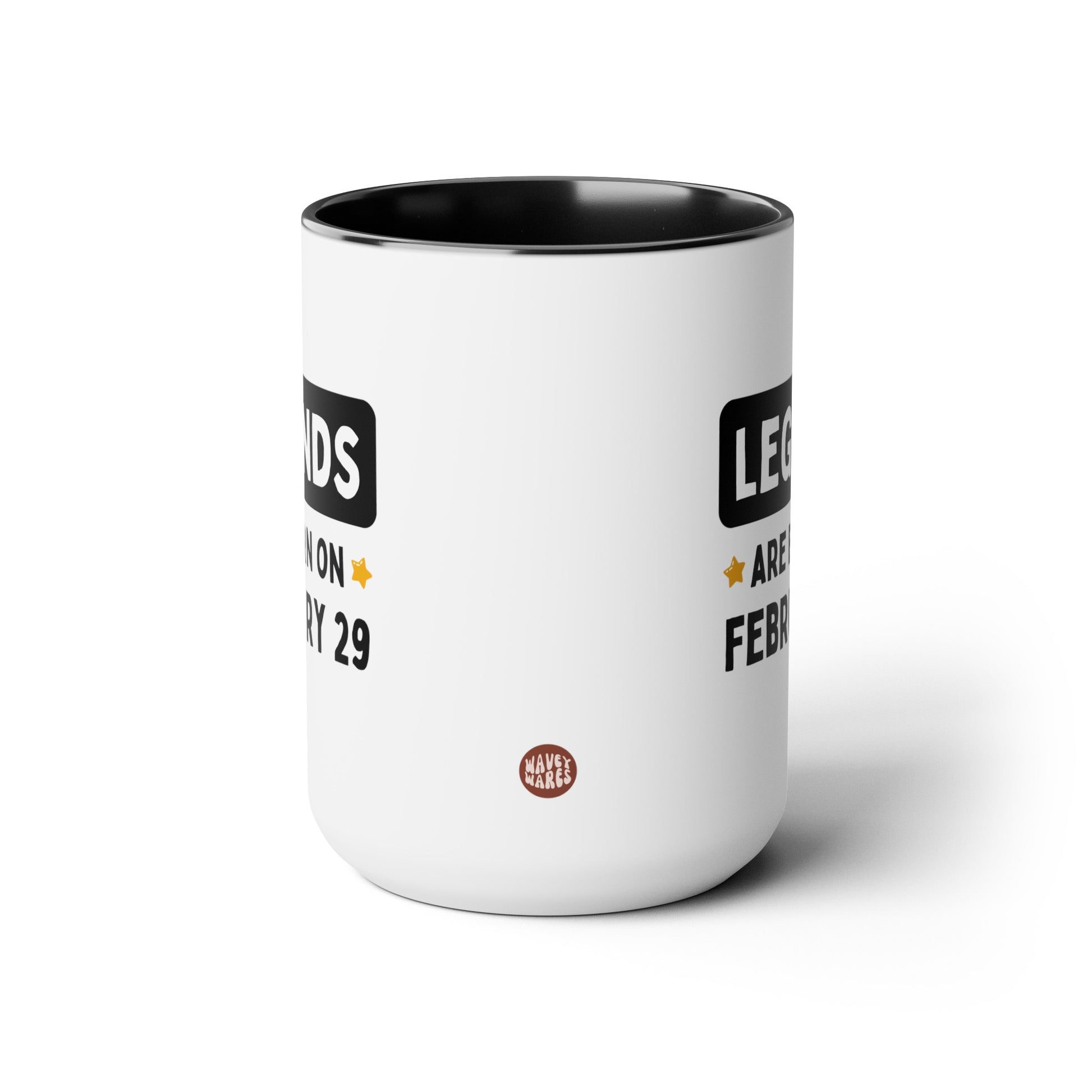 Legends are Born on February 29 15oz white with black accent funny large coffee mug gift for leap year custom birthday date him her best friend personalized waveywares wavey wares wavywares wavy wares side