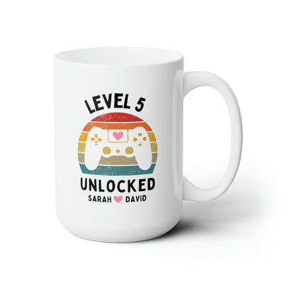 Level Unlocked 15oz white funny large coffee mug gift for husband wife wedding anniversary retro video game gamer custom date personalize customize waveywares wavey wares wavywares wavy wares