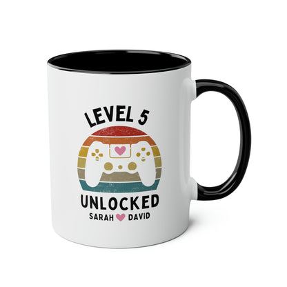 Level Unlocked 11oz white with black accent funny large coffee mug gift for husband wife wedding anniversary retro video game gamer custom date personalize customize waveywares wavey wares wavywares wavy wares