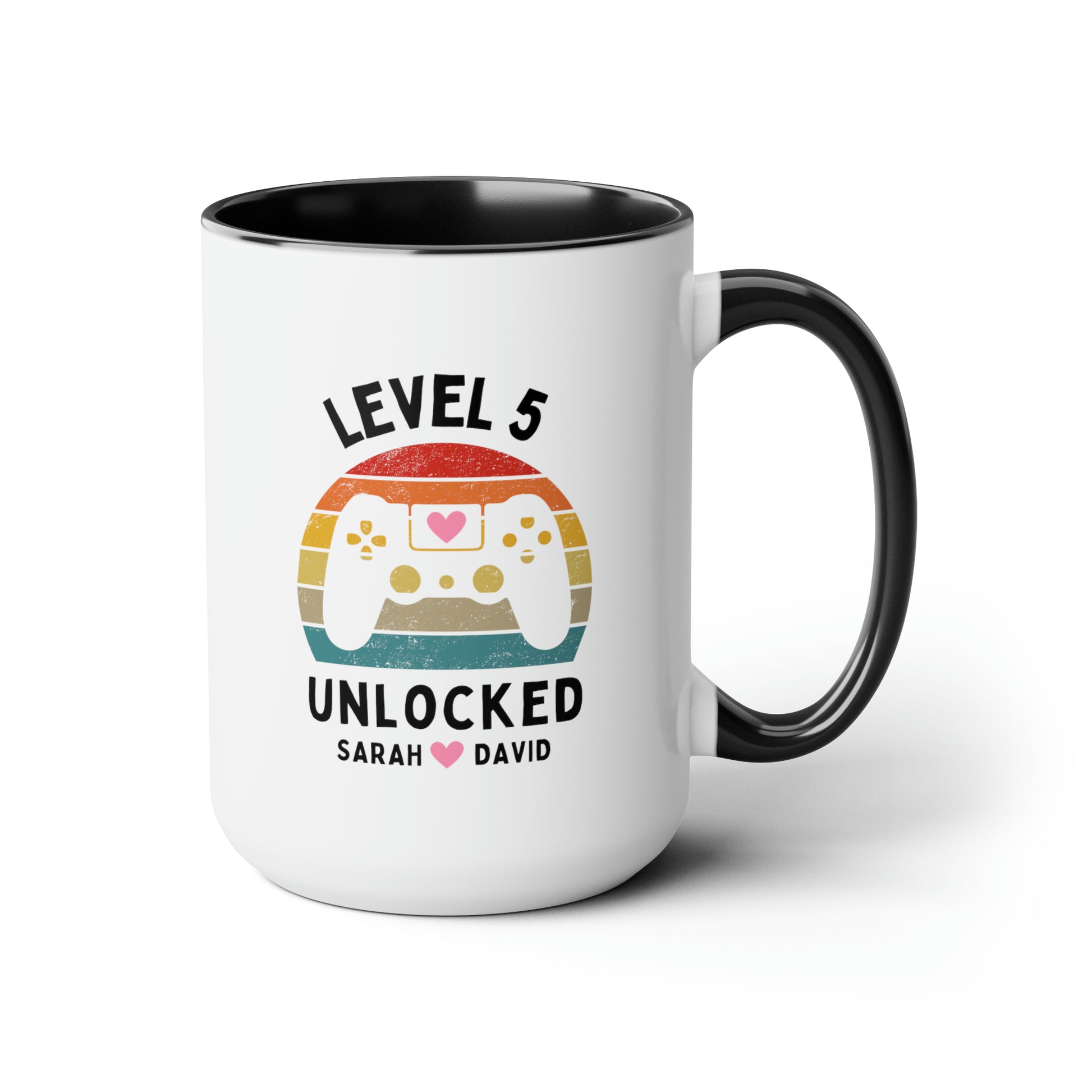 Level Unlocked 15oz white with black accent funny large coffee mug gift for husband wife wedding anniversary retro video game gamer custom date personalize customize waveywares wavey wares wavywares wavy wares