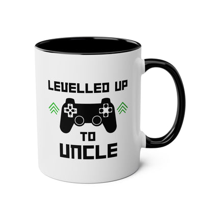 Levelled Up To Uncle 11oz white with black accent funny large coffee mug gift for new announcement to be pregnancy reveal waveywares wavey wares wavywares wavy wares