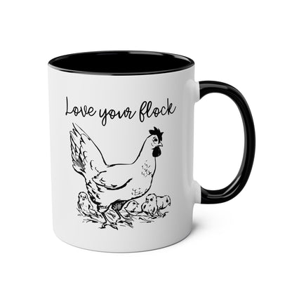 Love Your Flock 11oz white with black accent funny large coffee mug gift for chicken lovers lady farm mom women wife mother's day crazy birthday waveywares wavey wares wavywares wavy wares