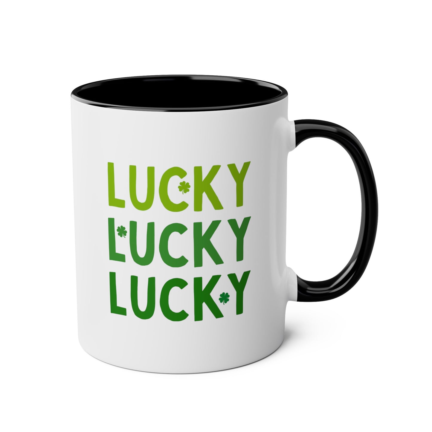 Lucky Lucky Lucky 11oz white with black accent funny coffee mug tea cup gift for st pattys day saint patricks luck Irish holiday shamrock green shenanigans waveywares wavey wares wavywares wavy wares