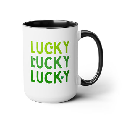 Lucky Lucky Lucky 15oz white with with black accent large big funny coffee mug tea cup gift for st pattys day saint patricks luck Irish holiday shamrock green shenanigans waveywares wavey wares wavywares wavy wares