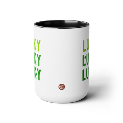 Lucky Lucky Lucky 15oz white with with black accent large big funny coffee mug tea cup gift for st pattys day saint patricks luck Irish holiday shamrock green shenanigans waveywares wavey wares wavywares wavy wares side