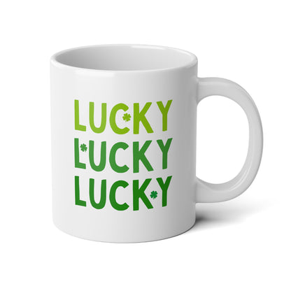 Lucky Lucky Lucky 20oz white funny large big coffee mug tea cup gift for st pattys day saint patricks luck Irish holiday shamrock green shenanigans waveywares wavey wares wavywares wavy wares