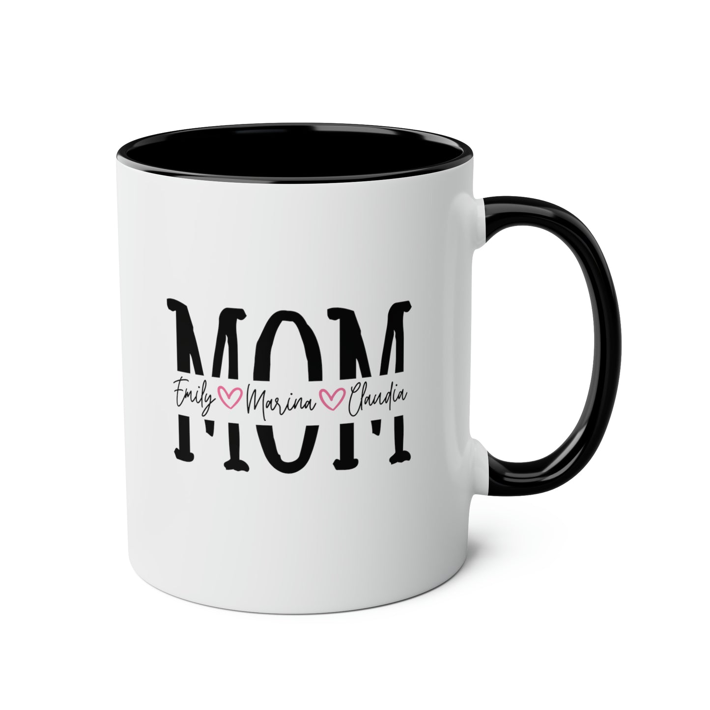 Mom With Kids' Names 11oz white with black accent funny large coffee mug gift for mother's day son daughter heart personalize custom waveywares wavey wares wavywares wavy wares