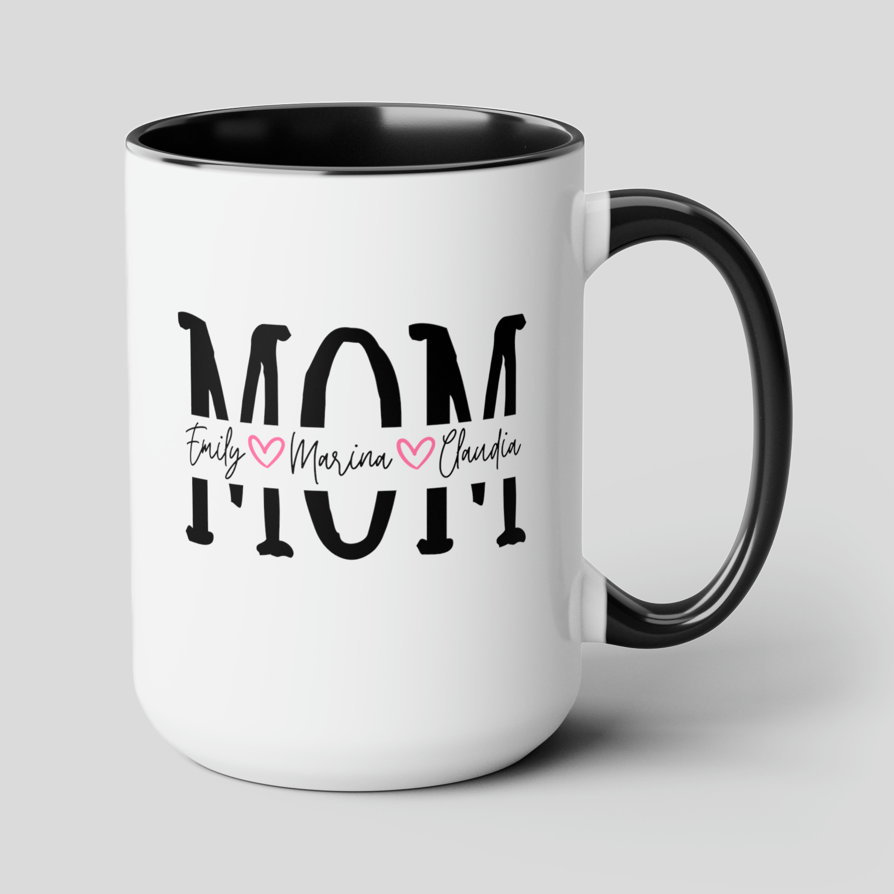Mom With Kids' Names 15oz white with black accent funny large coffee mug gift for mother's day son daughter heart personalize custom waveywares wavey wares wavywares wavy wares cover