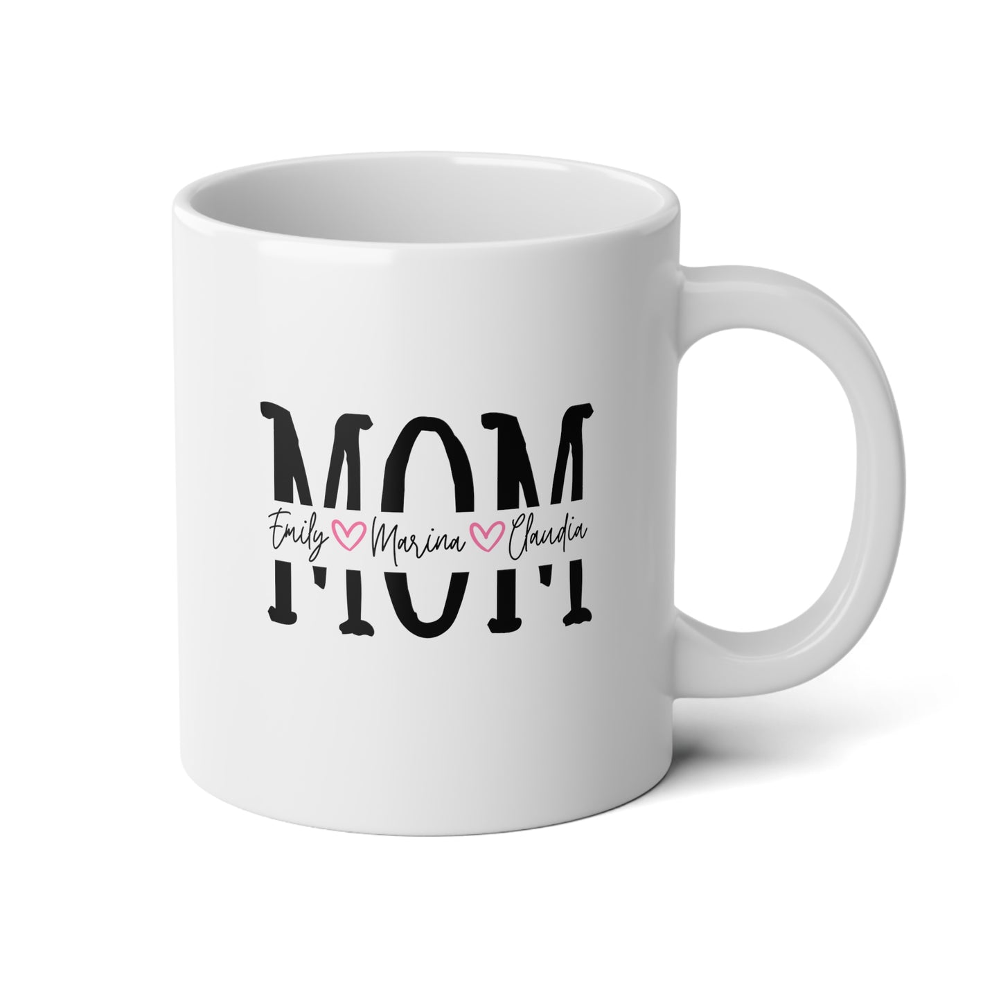 Mom With Kids' Names 20oz white funny large coffee mug gift for mother's day son daughter heart personalize custom waveywares wavey wares wavywares wavy wares