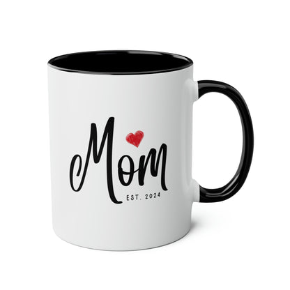 Mom Est Year 11oz white with black accent funny large coffee mug gift for pregnancy announcement mama baby shower custom date personalize customize waveywares wavey wares wavywares wavy wares