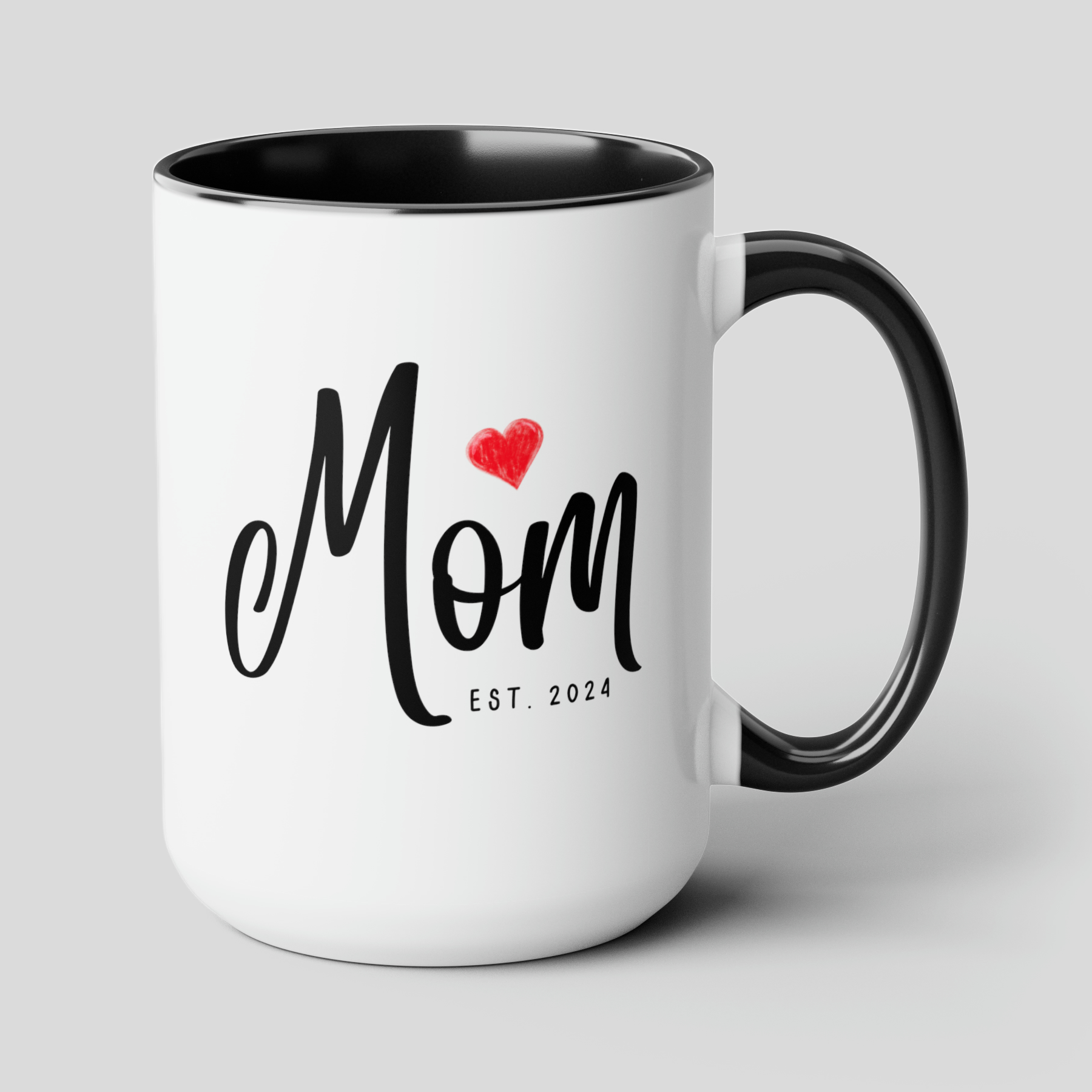 Mom Est Year 15oz white with black accent funny large coffee mug gift for pregnancy announcement mama baby shower custom date personalize customize waveywares wavey wares wavywares wavy wares cover