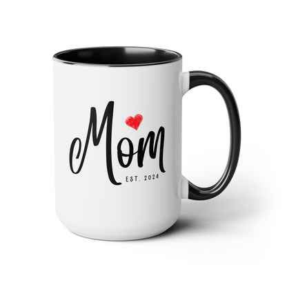 Mom Est Year 15oz white with black accent funny large coffee mug gift for pregnancy announcement mama baby shower custom date personalize customize waveywares wavey wares wavywares wavy wares