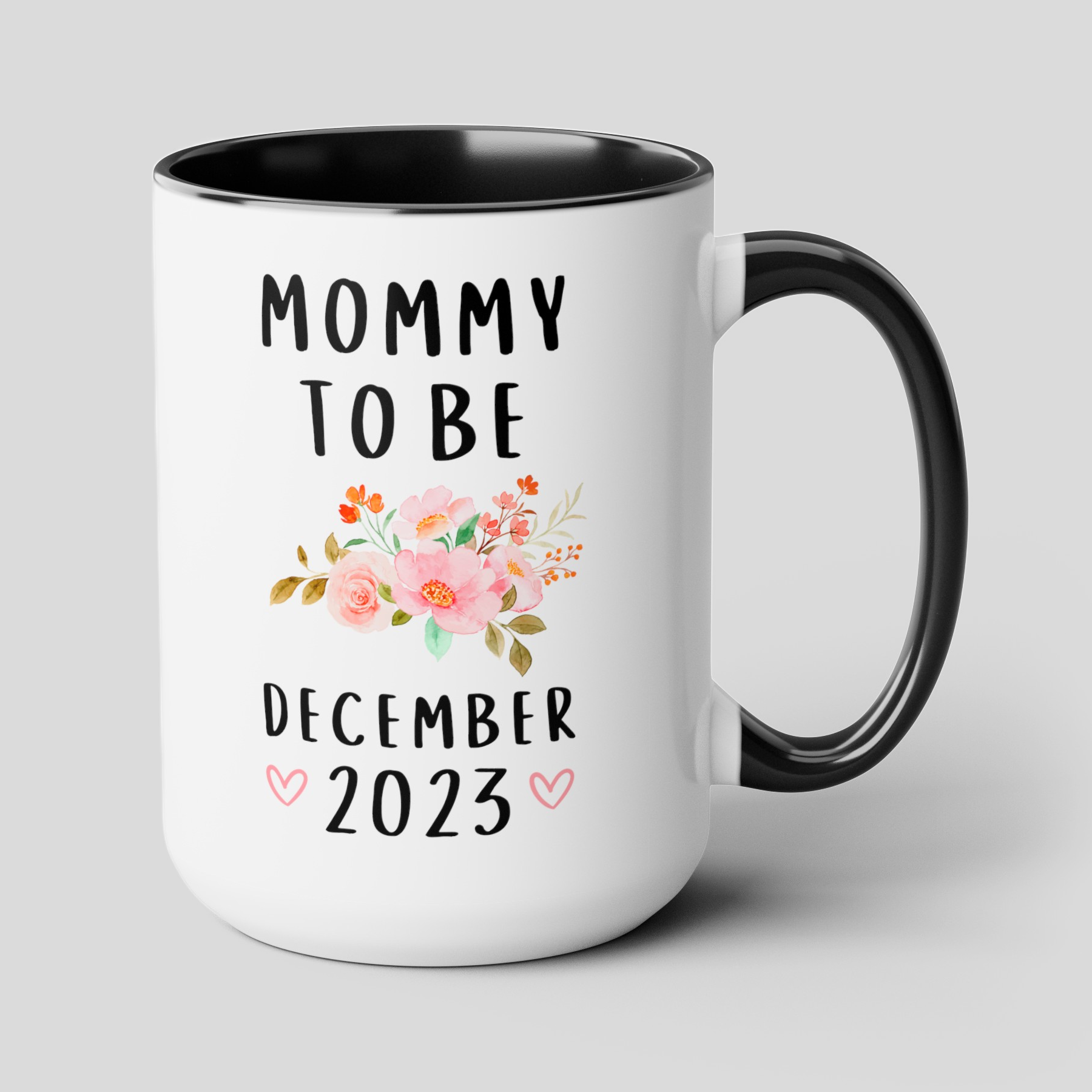 Mommy to Be 15oz white with black accent funny large coffee mug gift for future mother new mom pregnancy announcement due date floral mum personalized custom waveywares wavey wares wavywares wavy wares cover