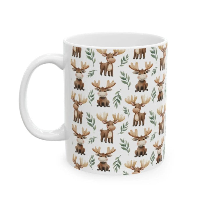 Cute moose Watercolor Pattern 11oz white funny large coffee mug gift for moose Lover holiday animal enthusiast adorable kids birthday secret santa Christmas waveywares wavey wares wavywares wavy wares