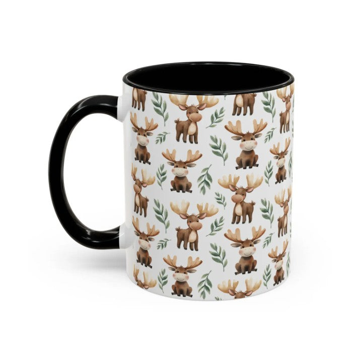 Cute moose Watercolor Pattern 11oz white with black accent funny large coffee mug gift for moose Dog Lover holiday animal enthusiast adorable kids birthday secret santa Christmas waveywares wavey wares wavywares wavy wares