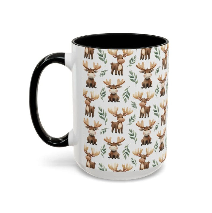 Cute moose Watercolor Pattern 15oz white with black accent funny large coffee mug gift for moose Dog Lover holiday animal enthusiast adorable kids birthday secret santa Christmas waveywares wavey wares wavywares wavy wares