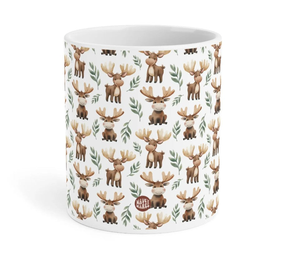 Cute moose Watercolor Pattern 20oz white funny large coffee mug gift for moose Lover holiday animal enthusiast adorable kids birthday secret santa Christmas waveywares wavey wares wavywares wavy wares side