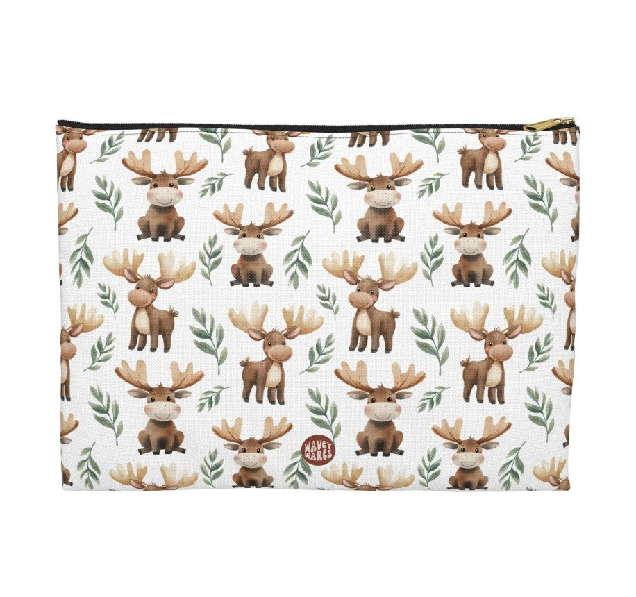 Cute Moose Pattern Flat white travel zip bag gift for moose Lover holiday animal enthusiast kids adorable aesthetic birthday secret santa Christmas cosmetic makeup drugs storage case accessory pouch toiletry pencil waveywares wavey wares wavywares wavy wares