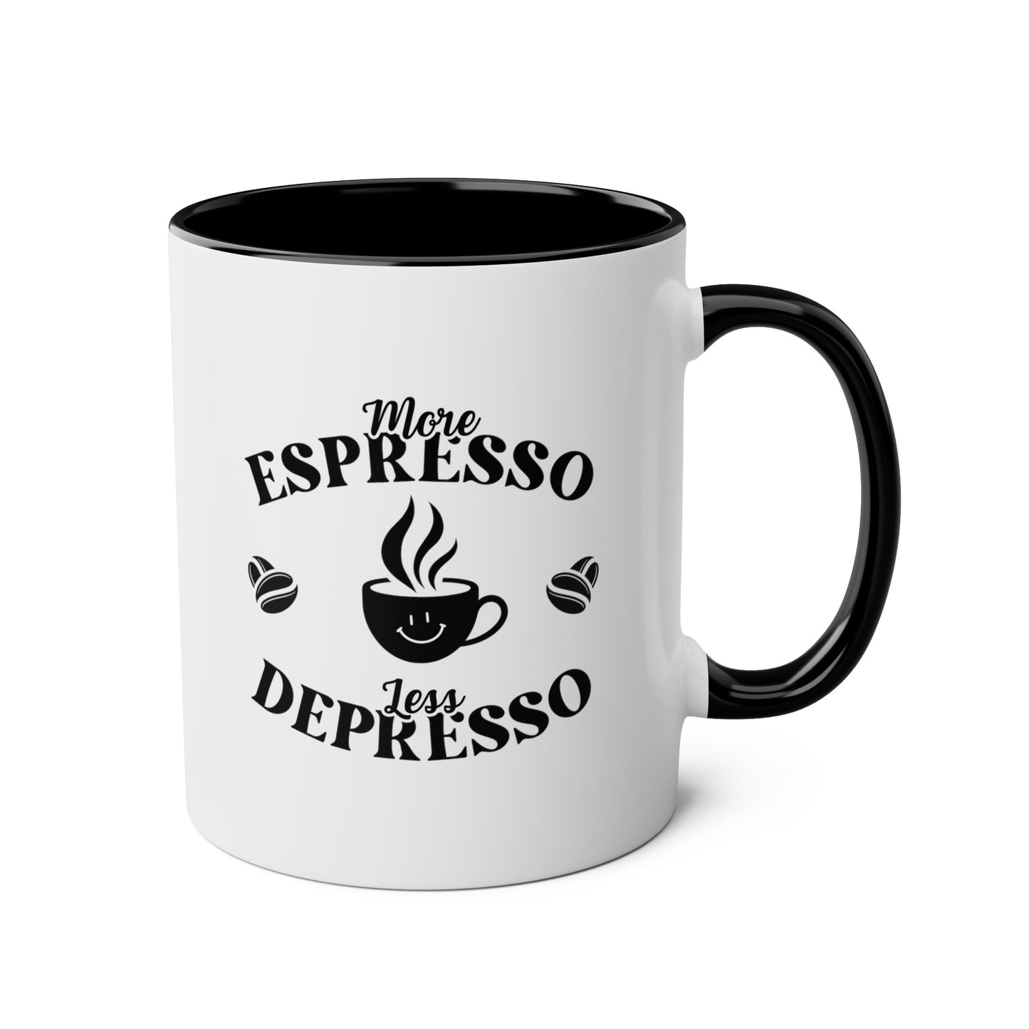 More Espresso Less Depresso 11oz white with black accent funny large coffee mug gift for caffeine lover sayings quotes retro bartender barista waveywares wavey wares wavywares wavy wares