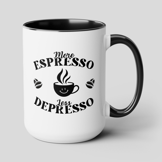 More Espresso Less Depresso 15oz white with black accent funny large coffee mug gift for caffeine lover sayings quotes retro bartender barista waveywares wavey wares wavywares wavy wares cover