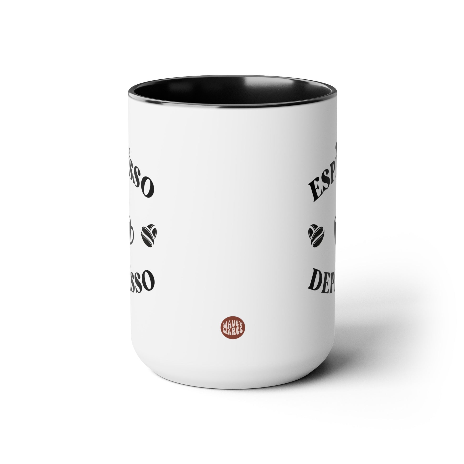 More Espresso Less Depresso 15oz white with black accent funny large coffee mug gift for caffeine lover sayings quotes retro bartender barista waveywares wavey wares wavywares wavy wares side