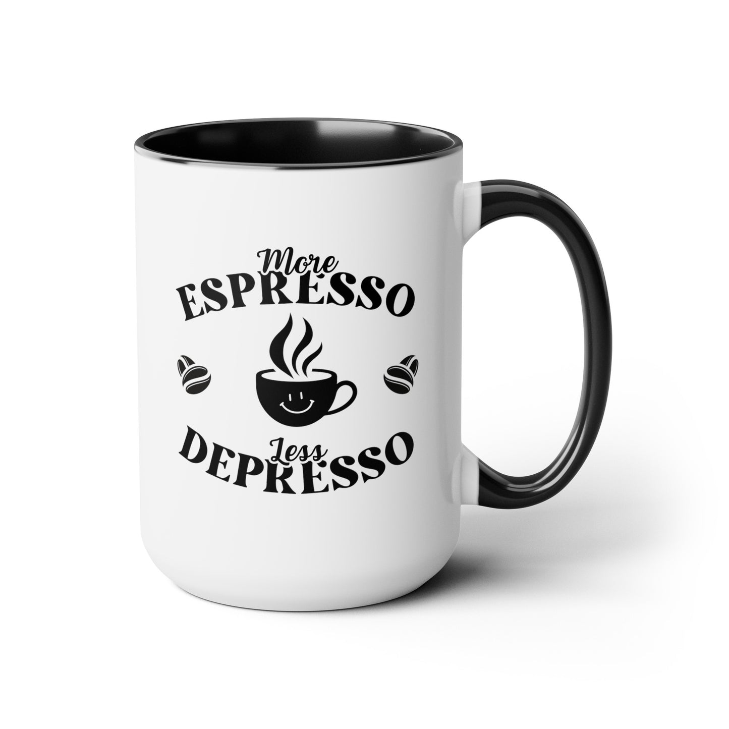 More Espresso Less Depresso 15oz white with black accent funny large coffee mug gift for caffeine lover sayings quotes retro bartender barista waveywares wavey wares wavywares wavy wares