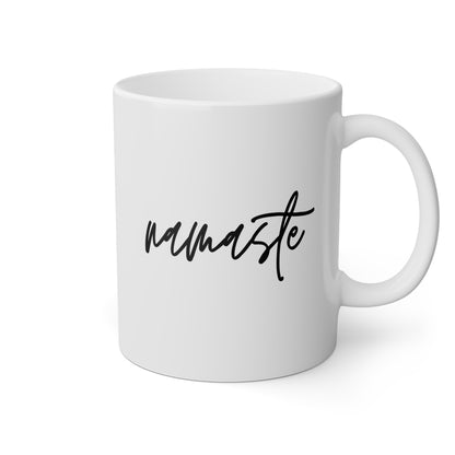 Namaste 11oz white funny large coffee mug gift for yoga lover yogi yogini her om mom instructor birthday waveywares wavey wares wavywares wavy wares