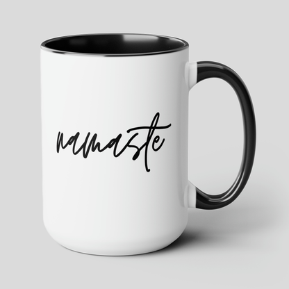 Namaste 15oz white with black accent funny large coffee mug gift for yoga lover yogi yogini her om mom instructor birthday waveywares wavey wares wavywares wavy wares cover