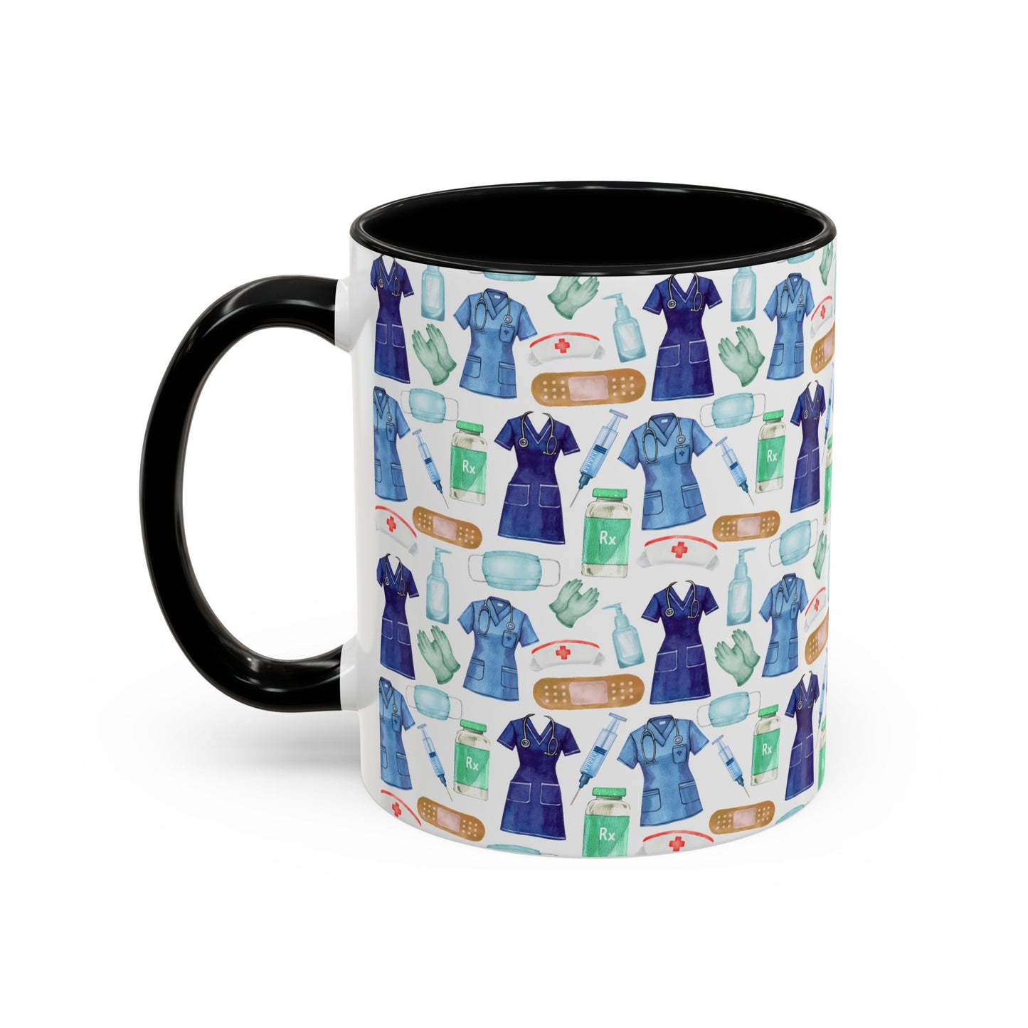 Cute Nurse Watercolor Pattern 11oz white with black accent funny large coffee mug gift for nursing medical care hospital aesthetic birthday secret santa Christmas waveywares wavey wares wavywares wavy wares