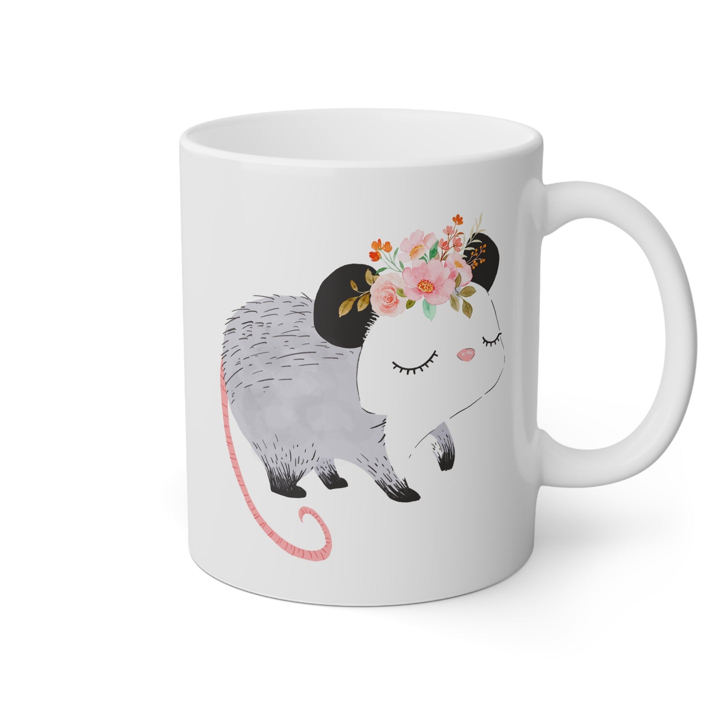 Opossum 11oz white funny large coffee mug gift for friends possum lover cute decorative with flower design wild animal waveywares wavey wares wavywares wavy wares