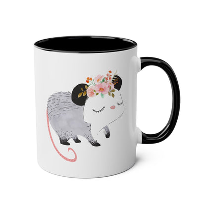 Opossum 11oz white with black accent funny large coffee mug gift for friends possum lover cute decorative with flower design wild animal waveywares wavey wares wavywares wavy wares