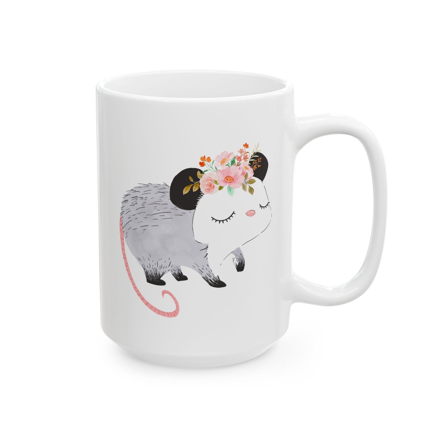 Opossum 15oz white funny large coffee mug gift for friends possum lover cute decorative with flower design wild animal waveywares wavey wares wavywares wavy wares 