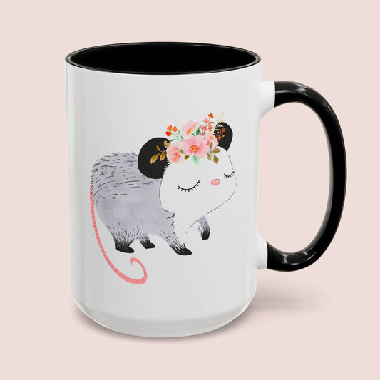 Opossum 15oz white with black accent funny large coffee mug gift for friends possum lover cute decorative with flower design wild animal waveywares wavey wares wavywares wavy wares cover