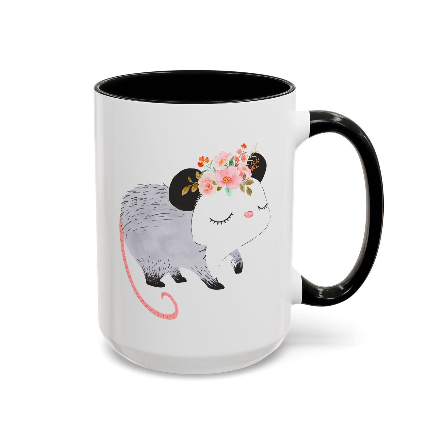 Opossum 15oz white with black accent funny large coffee mug gift for friends possum lover cute decorative with flower design wild animal waveywares wavey wares wavywares wavy wares