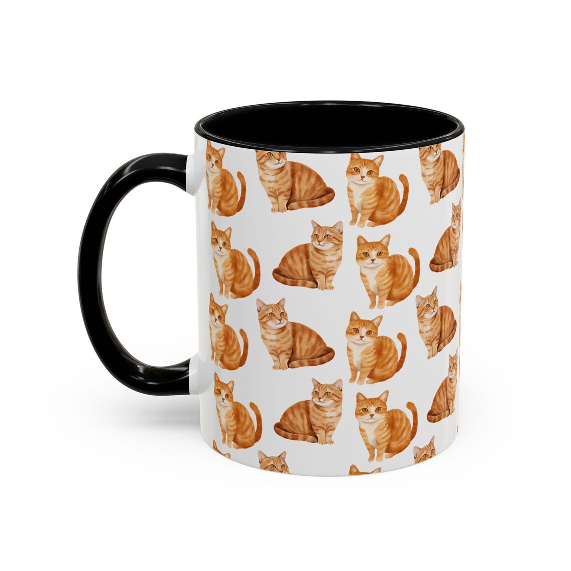 Cute Orange Tabby Cat Watercolor Pattern 11oz white with black accent funny large coffee mug gift for ginger shorthair feline lover mom dad furparent owner animal aesthetic birthday secret santa Christmas waveywares wavey wares wavywares wavy wares