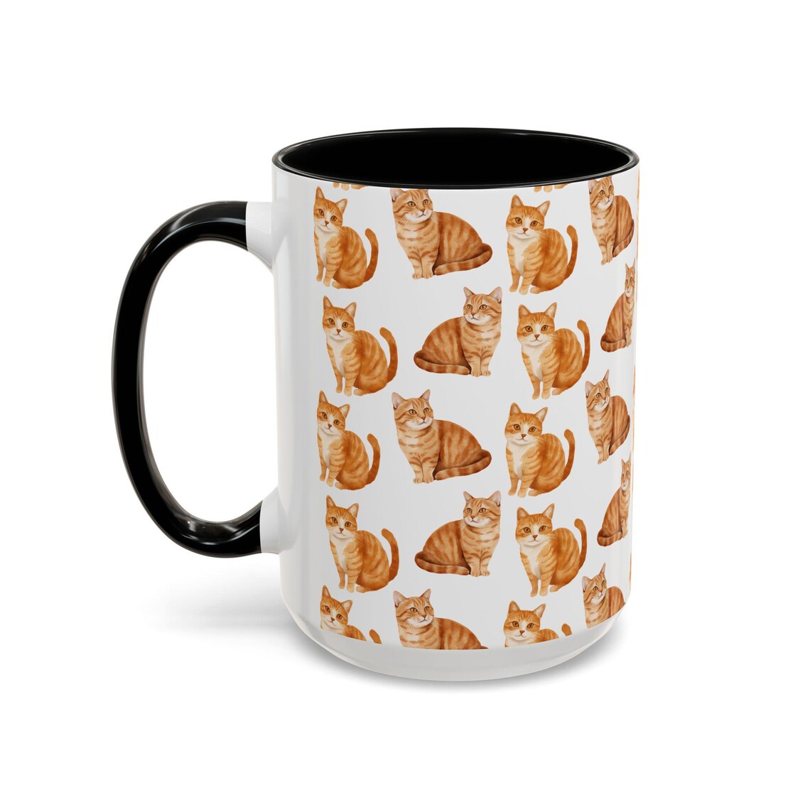 Cute Orange Tabby Cat Watercolor Pattern 15oz white with black accent funny large coffee mug gift for ginger shorthair feline lover mom dad furparent owner animal aesthetic birthday secret santa Christmas waveywares wavey wares wavywares wavy wares