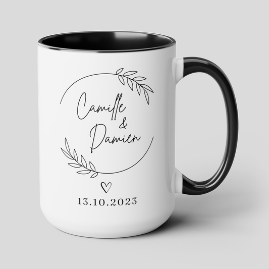 Personalized Wedding Name 15oz white with black accent large big funny coffee mug tea cup gift for lantern wedding wreath date anniversary valentine's day bridal shower custom customized waveywares wavey wares wavywares wavy wares cover