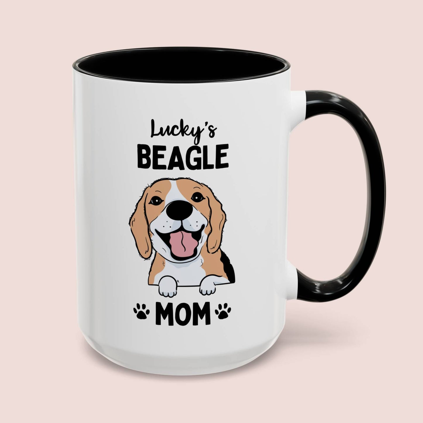 Personalized Beagle Mom 15oz white with black accent funny large coffee mug gift for her dog lover pet fur mom puppy owner custom name customize furparent dad mum Adoption waveywares wavey wares wavywares wavy wares cover