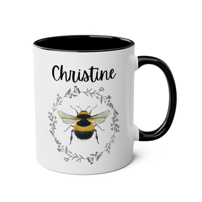 Personalized Bee Name 11oz white with black accent funny large coffee mug gift for beekeeper lover women her custom customized name birthday Christmas occasion waveywares wavey wares wavywares wavy wares 