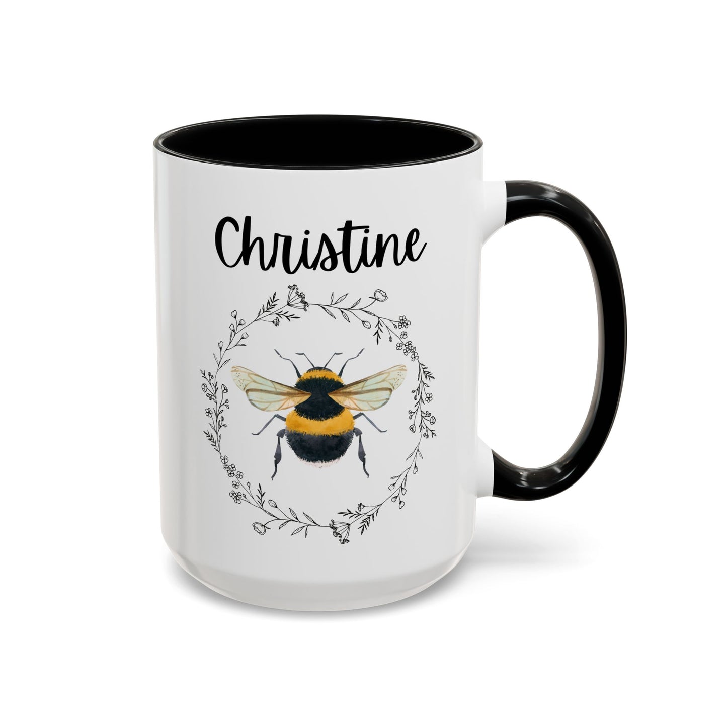 Personalized Bee Name 15oz white with black accent funny large coffee mug gift for beekeeper lover women her custom customized name birthday Christmas occasion waveywares wavey wares wavywares wavy wares 