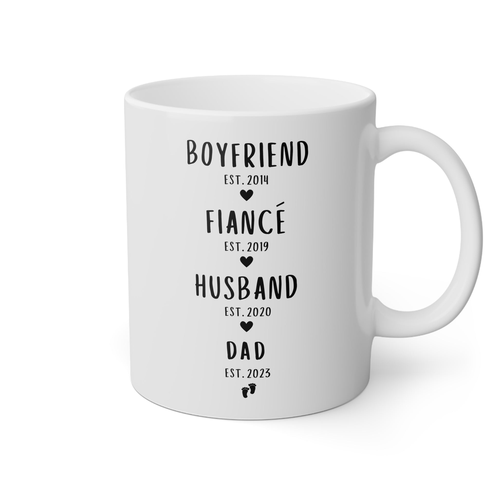 Personalized Boyfriend Fiance Husband Dad Timeline 11oz white funny large coffee mug gift for new dad first time father pregnancy reveal custom dates customize text waveywares wavey wares wavywares wavy wares