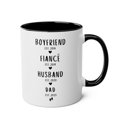 Personalized Boyfriend Fiance Husband Dad Timeline 11oz white with black accent funny large coffee mug gift for new dad first time father pregnancy reveal custom dates customize text waveywares wavey wares wavywares wavy wares