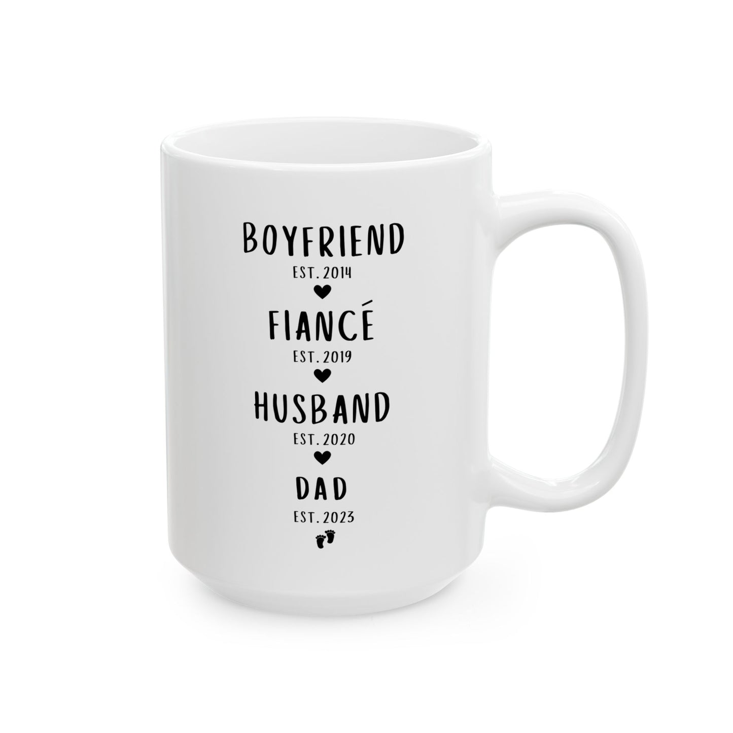 Personalized Boyfriend Fiance Husband Dad Timeline 15oz white funny large coffee mug gift for new dad first time father pregnancy reveal custom dates customize text waveywares wavey wares wavywares wavy wares