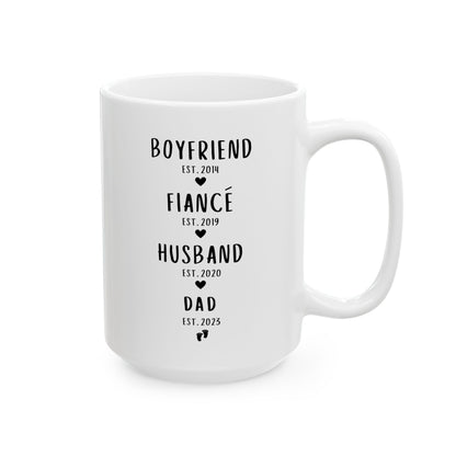 Personalized Boyfriend Fiance Husband Dad Timeline 15oz white funny large coffee mug gift for new dad first time father pregnancy reveal custom dates customize text waveywares wavey wares wavywares wavy wares