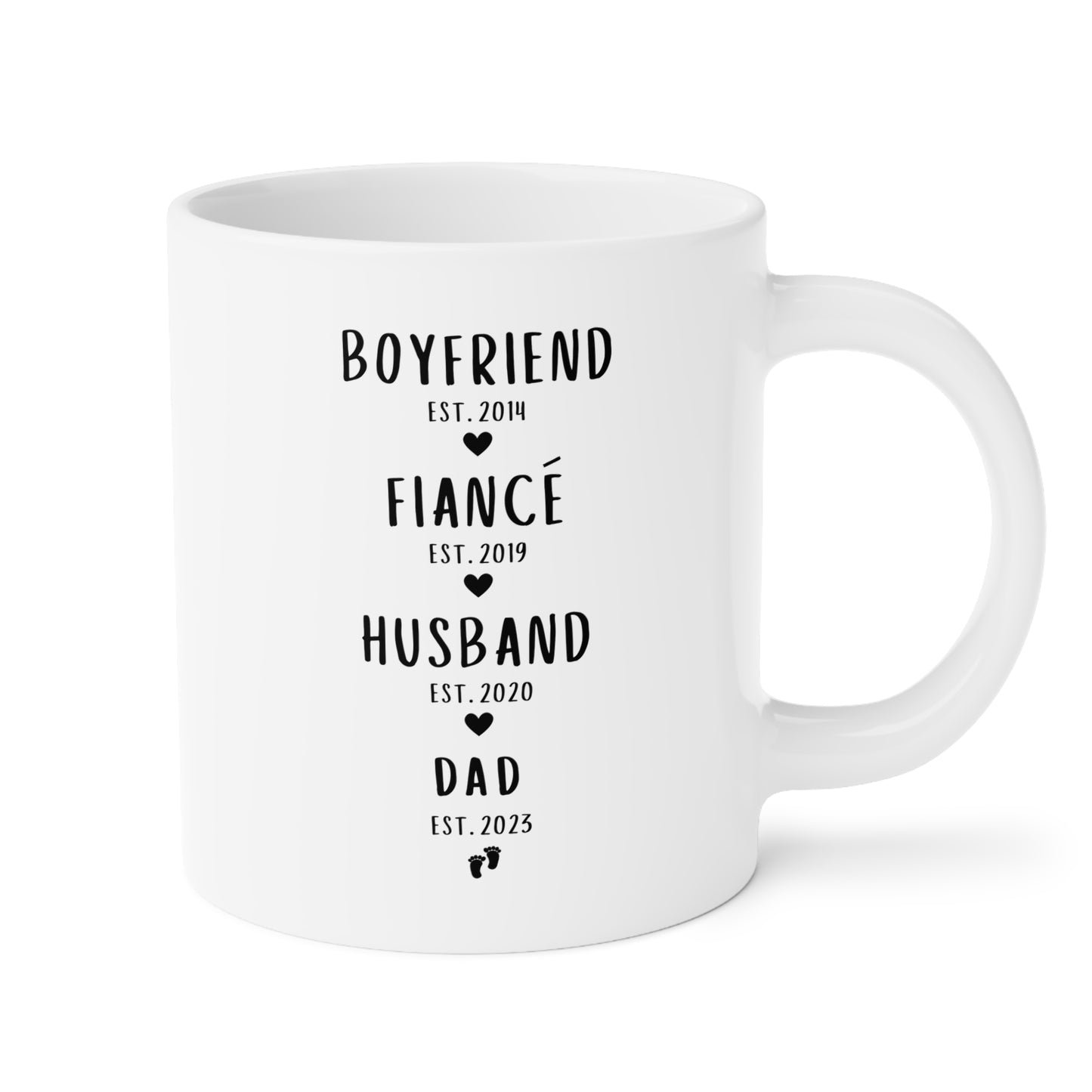 Personalized Boyfriend Fiance Husband Dad Timeline 20oz white funny large coffee mug gift for new dad first time father pregnancy reveal custom dates customize text waveywares wavey wares wavywares wavy wares