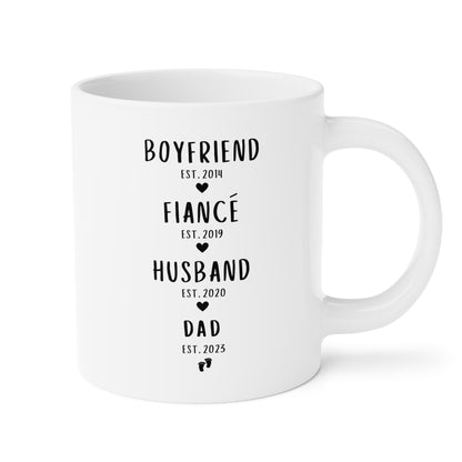 Personalized Boyfriend Fiance Husband Dad Timeline 20oz white funny large coffee mug gift for new dad first time father pregnancy reveal custom dates customize text waveywares wavey wares wavywares wavy wares