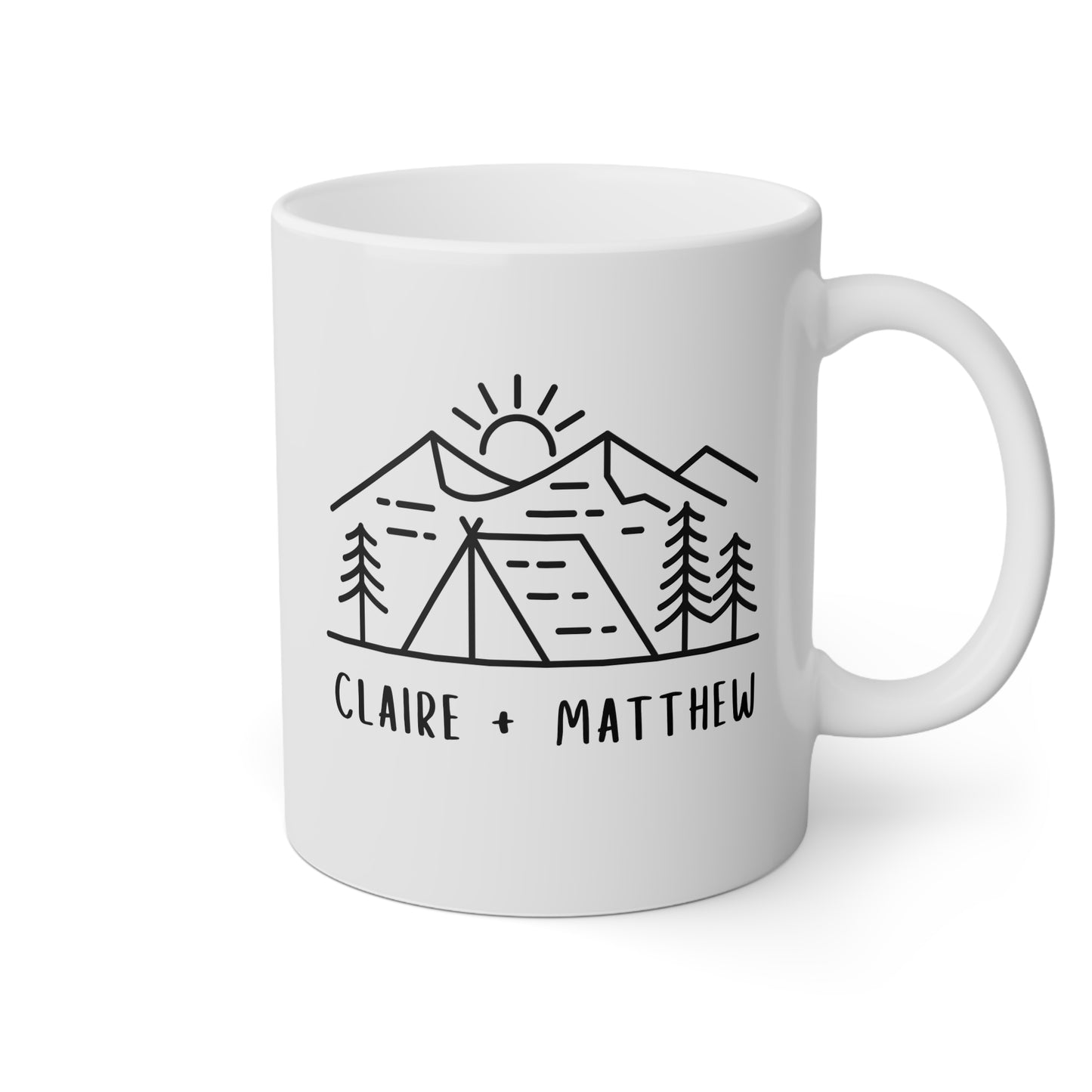 Personalized Camping 11oz white funny large coffee mug gift for couple engagement wedding mountain anniversary adventure custom names customize waveywares wavey wares wavywares wavy wares